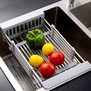 Expandable Over-the-Sink Dish Drying Rack with Telescopic Arms, Adjustable Dish Basket and Kitchen Sink Organizer, 8"–17" x 3.6" x 9"