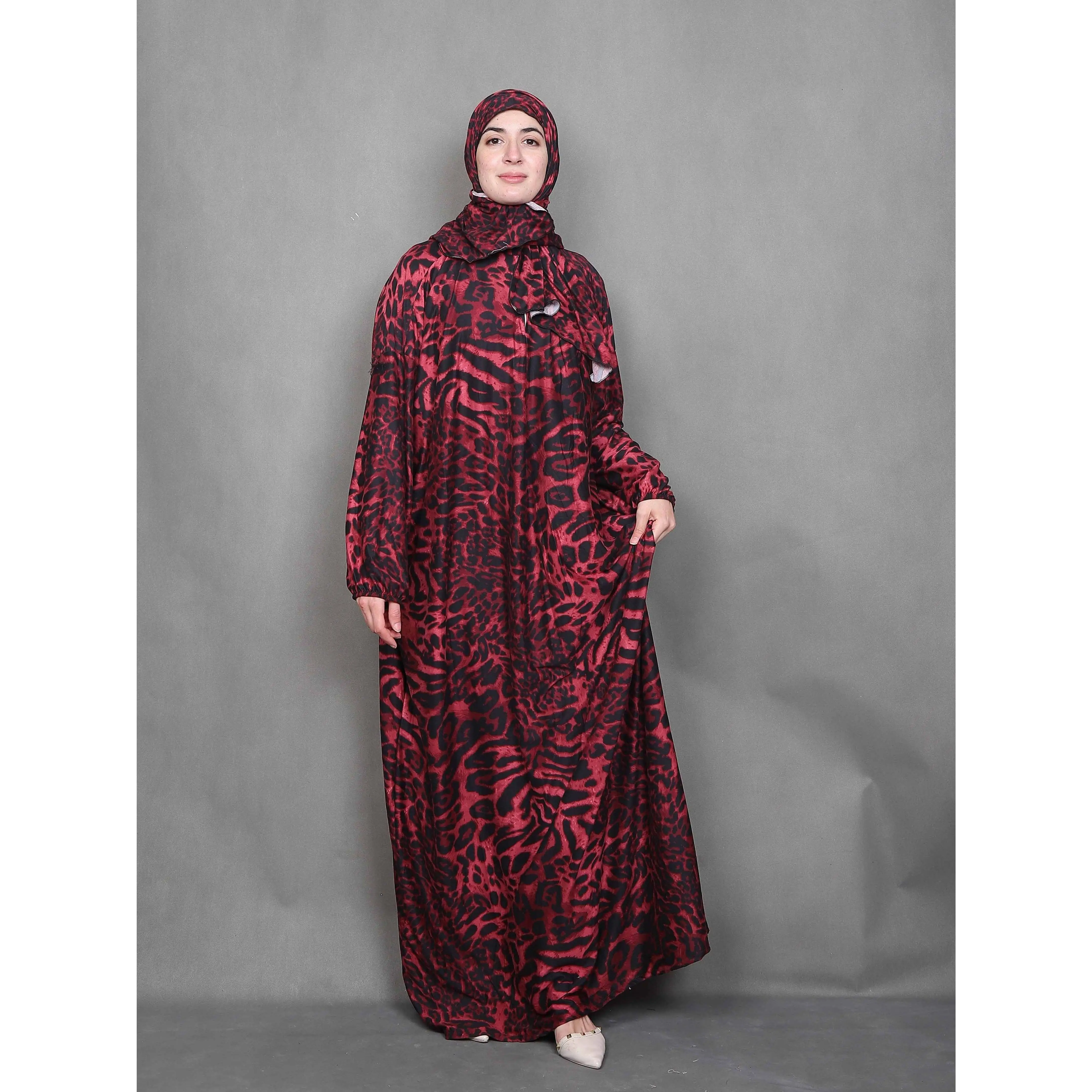 Plus Size Leopard Print Maxi Abayas, Modest Long Sleeve Dress With Hijab, Women's Plus Size Clothing