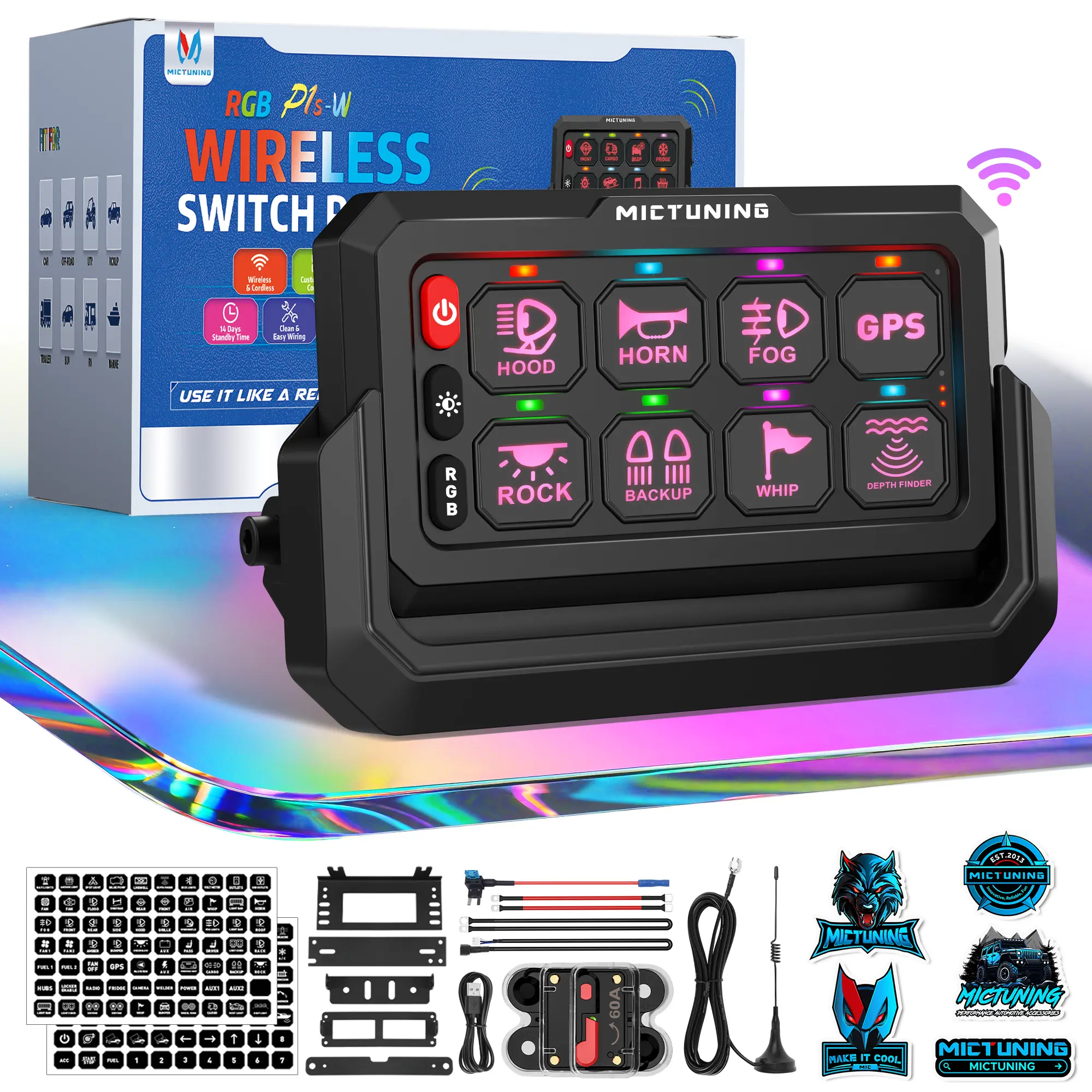 Mictuning P1s-W Wireless RGB Switch Panel 8/12 Gang for Jeep/Truck/SUV/Boat/UTV/Car – Support Multi-panel Control, Up to 328FT Range, Magnetic/Type-C Charging accessories