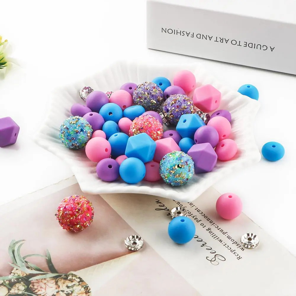 Silicone Beads, Resin Beads & Acrylic Beads, 62pcs/set 15mm Silicone Beads & 20mm Resin Beads, DIY Beading Supplies for DIY Handmade Pen, Keychain Pendant, DIY Galaxy Beads, DIY Craft Embellishments, Beading Making