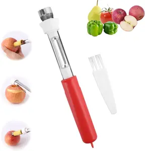 2-In-1 Apple Corer and Peeler Tool with Brush, Stainless Steel Vegetable Fruit Core Remover and Peeler Versatile Kitchen Gadgets Utensils for Cored Apples Pears Bell Peppers Potatoes