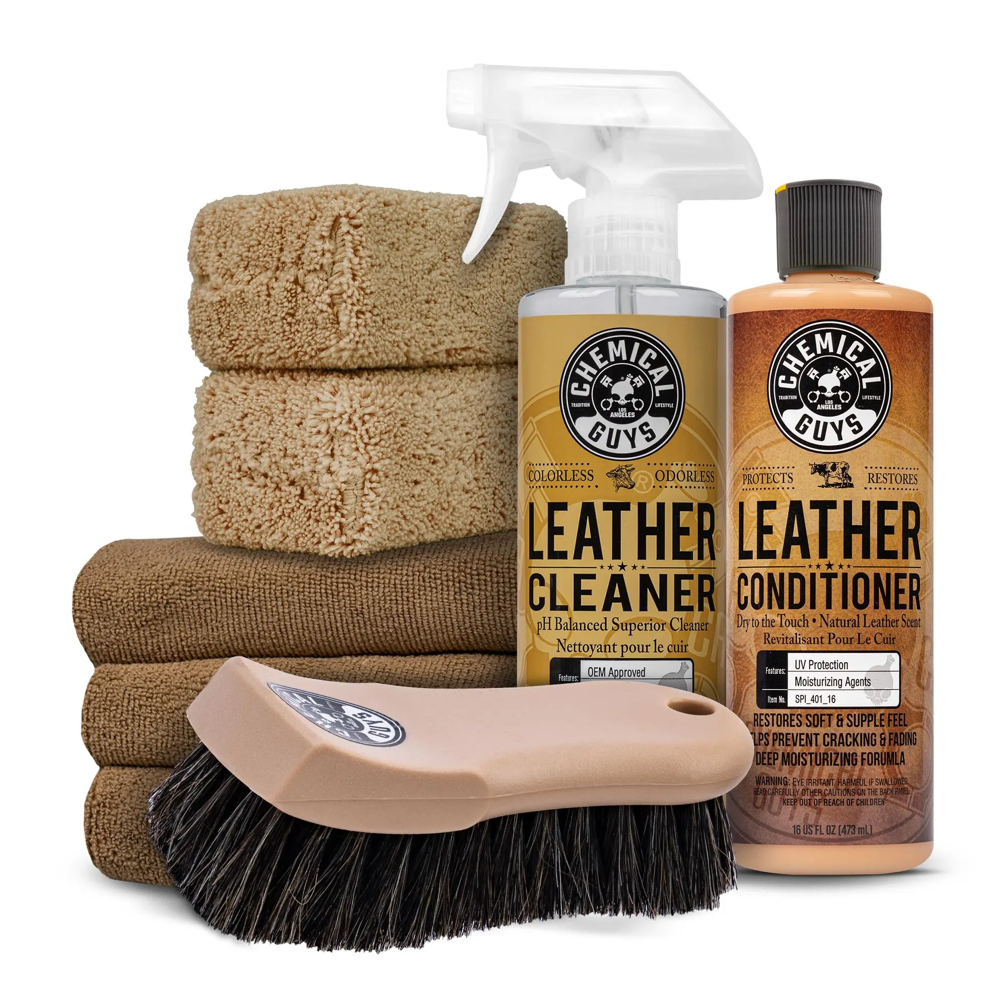 CHEMICAL GUYS Premium Leather Care Bundle - 16oz Automotive Interior Dashboard Leather Cleaner, Deep Clean & UV Protection Detailing Car Accessory for Seats, Dashboards, Bundles