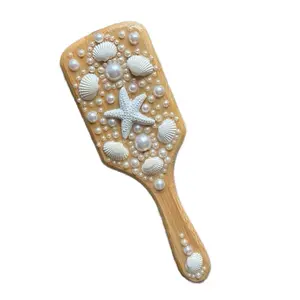 Handmade Mermaid Hairbrush with Pearl Beads & Seashells - Ethically Sourced Bamboo Brush Ocean Magic Tool
