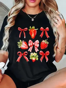 100% Cotton Strawberry Coquette Bow Strawberries Festival Girls Women T-Shirt Casual Short Sleeve Shirt Fabric Summer