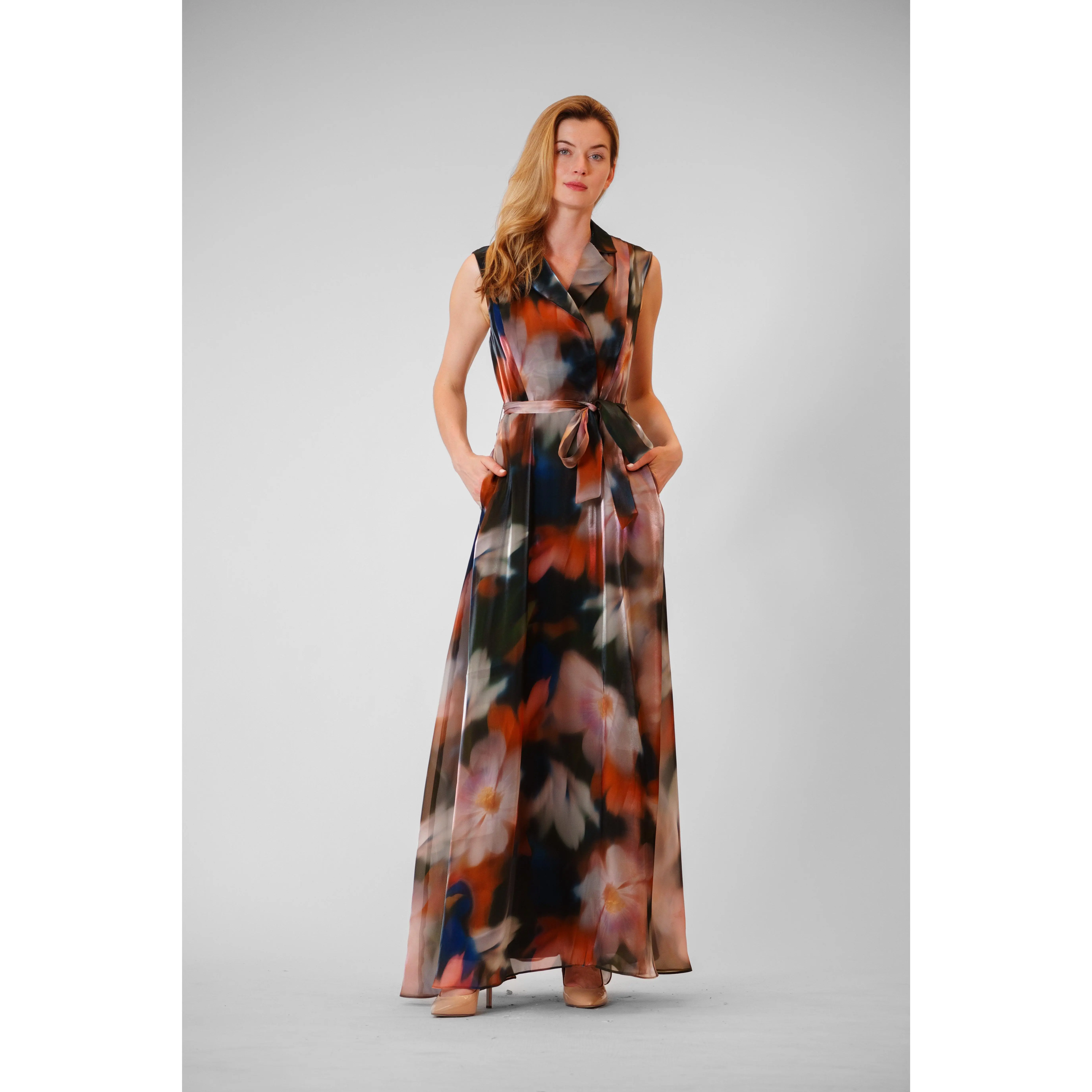 SLVLESS LONG ORGANZA DRESS W LAPEL&SELF SASH