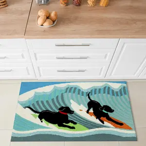 Lush Decor FRONTPORCH Indoor/Outdoor Hand Tufted Durable Area Rug - Transitional Coastal Animal Colorful  (Surfing Dogs)