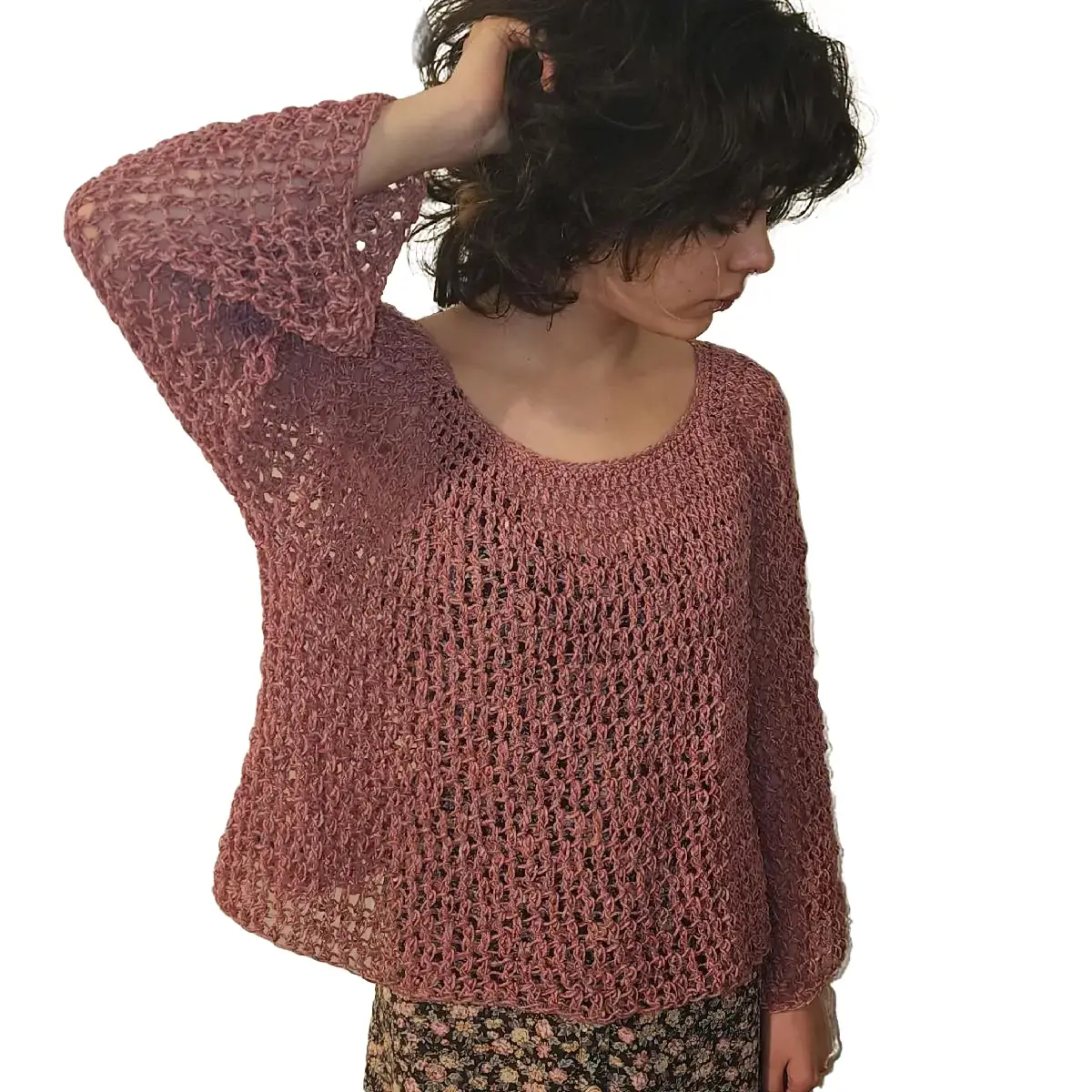 Women's Merino Alpaca Blend Long Sleeve Crochet Blouse