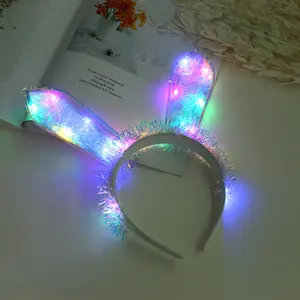 1Pc LED Light Rabbit Ears Headband-Metal Rabbit Ribbon Headband, Battery Powered (2 One AA Batteries Not Included), Suitable for Christmas Party, Holiday Women's Hair Accessories