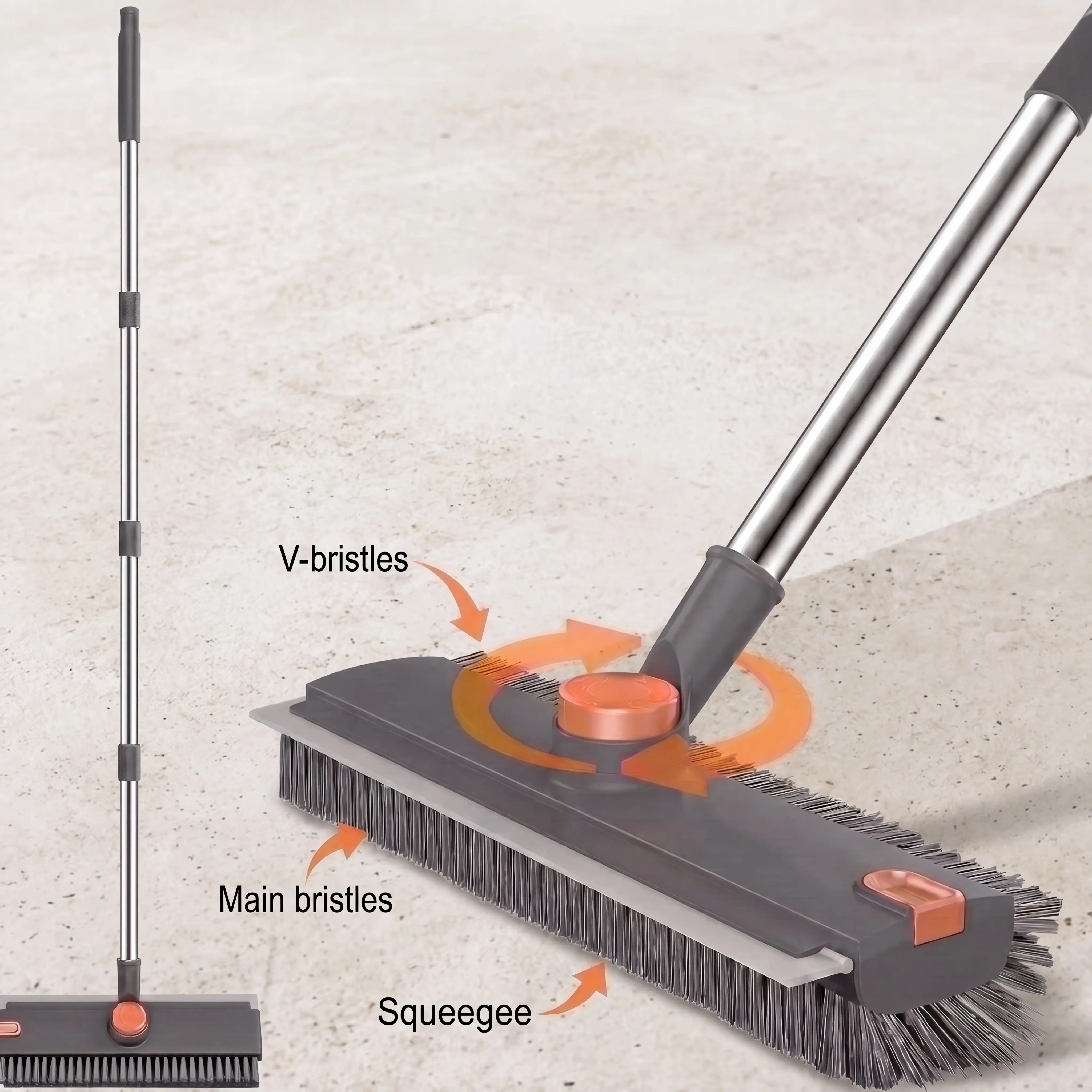 Multi-Function Floor Scrub Brush with 54-Inch Adjustable Long Handle and Built-In Scraper, Heavy-Duty Stiff Bristle Cleaning Brush for Shower, Bathroom, Kitchen, Patio and Garage, Gray and Orange