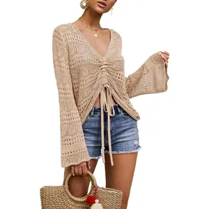 Lannew Women Crochet Top Beach Cloth Drawstring Shirt Cover Up Oversized Sexy Beachwear Lace Up Tee Poncho