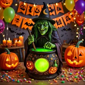 Halloween Witch Cauldron Lamp with Eerie Green Glow LED Mood Light Witch Ghost Lamps Spooky Witch Brewing Pot Light Home Decoration