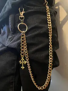 1Pc Unisex Gold Tone Alloy Gothic Cross Double-Layer Pants Chain, Punk Streetwear Jeans Chain, Edgy Wallet Chain for Everyday, Festival & Halloween, Birthday Gifts