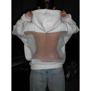 Women’s Oversized Harajuku Sports Hoodie — Autumn Fashion, Backless Design, Sparkly Mesh Panels, Casual Streetwear, Hip-Hop Style, White Long-Sleeve Floral Top GARMENTARY