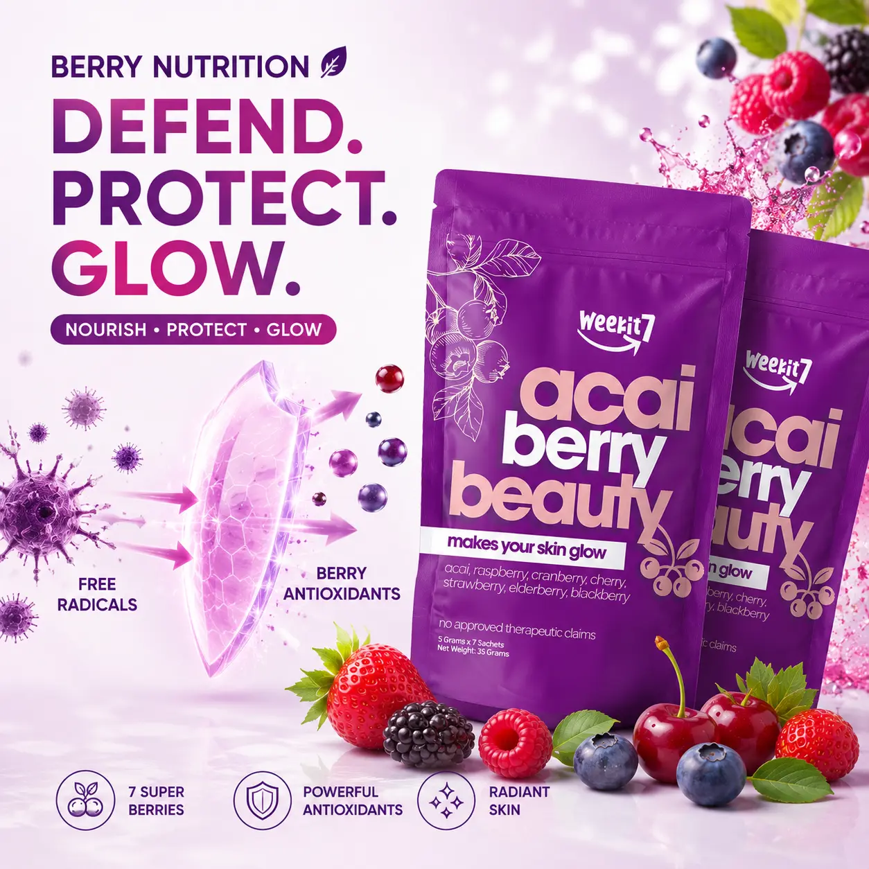 Weekit7 Acai Berry Beauty - 7 Super Berries for Radiant Skin with Powerful Antioxidants & Free Radical Defense