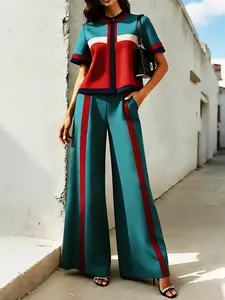 Women's Slim Fit Round Neck Colorblock Striped Long Pants Set, Comfortable Wide Leg Pants, Fashion Daily Wear, Casual Streetwear Essential, Matching Outfits, Clothing Set