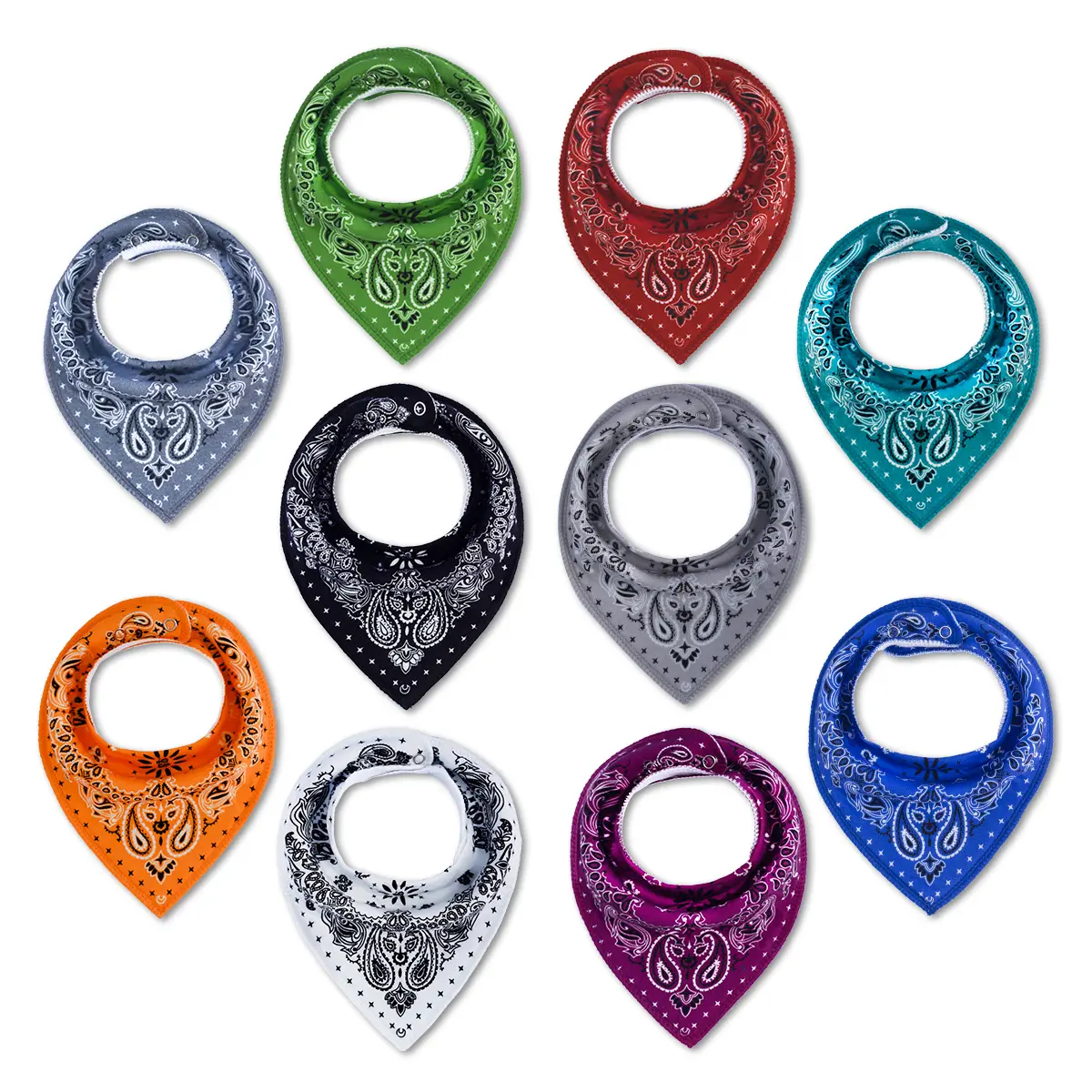 10-Pack or 12-Pack Baby Triangular Bibs with Adjustable Snaps -Cashew flower pattern and ordinary triangular bandage , Unisex Design for Boys & Girls - Perfect for Mealtime Messes