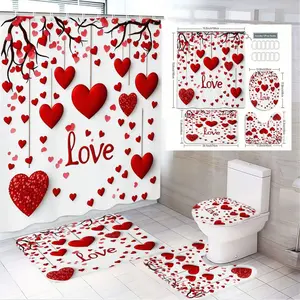 4pcs Romantic Valentine's Day Bathroom Decor Set - Elegant White Shower Curtain with Red and Pink Heart Motif, Adorable Matching Bathroom Mat, Toilet Base Rug, and Lid Cover, Perfect for Creating a Love-Inspired Oasis in Your Home Shower Curtain Sets
