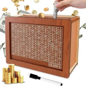 Cash Vault Wooden Money Saving Box, Cash Savings Box for 10000 2000 Money Saving Challenge,Piggy Money Bank for Adult Money Savings with Money Target and Numbers, with Dry Erase Pen Gifts Home Decor