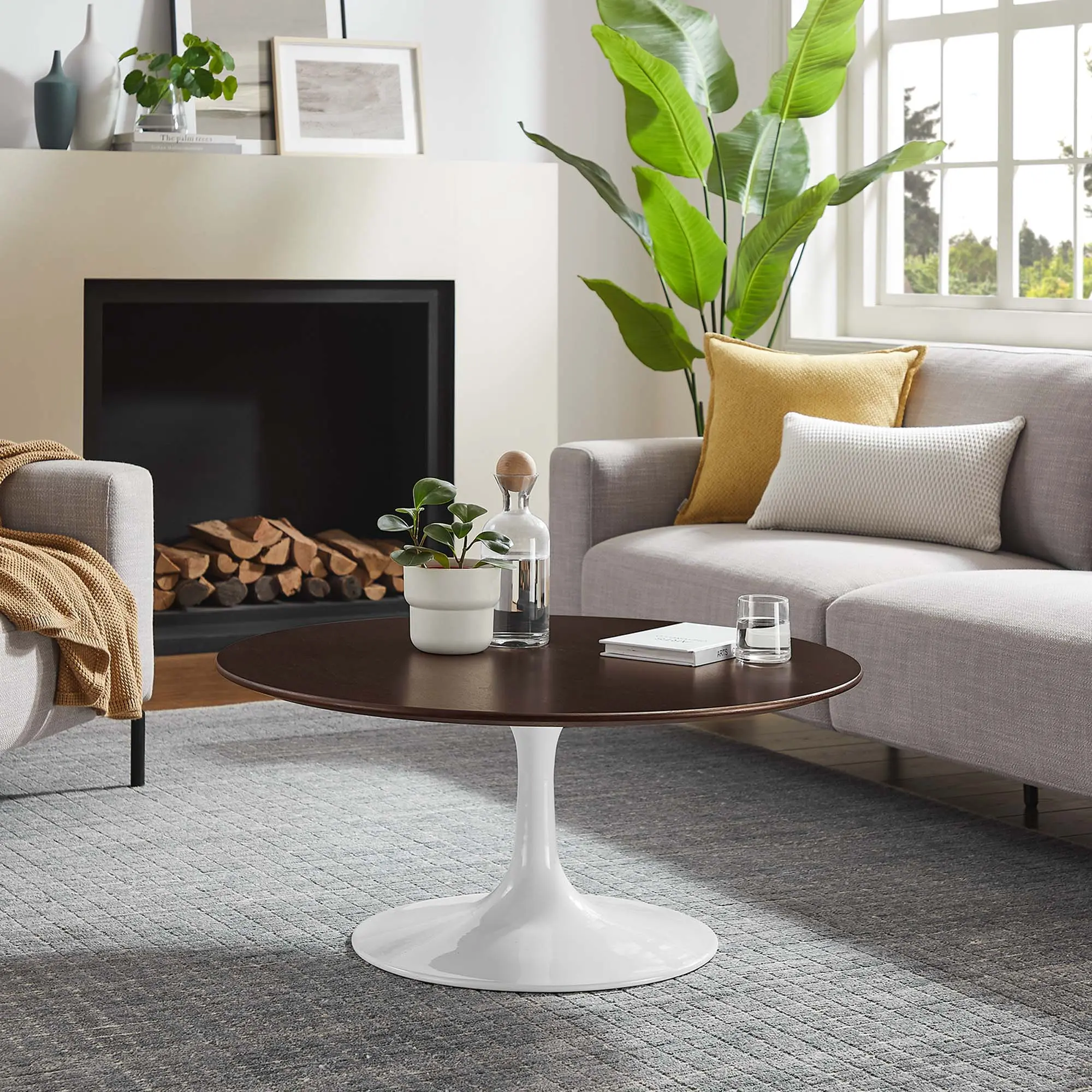 Modway Lippa 36" Round Wood Grain Coffee Table - White Cherry Walnut, Beveled Contemporary Curved Living Room Furniture Coffee Tables