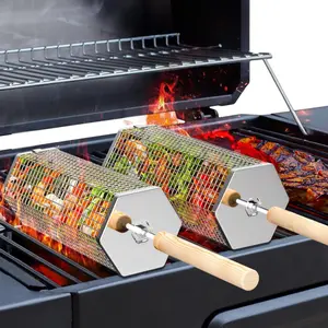 [Bellemave] Rolling Grill Basket Set, 304 Stainless Steel BBQ Grill Basket with Removable Wooden Handle, 1.5L & 2.0L