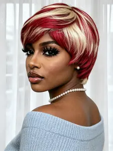 pixie cut short straight layered human hair wig daily party cosplay use human hair wig machine made red/613 color for women