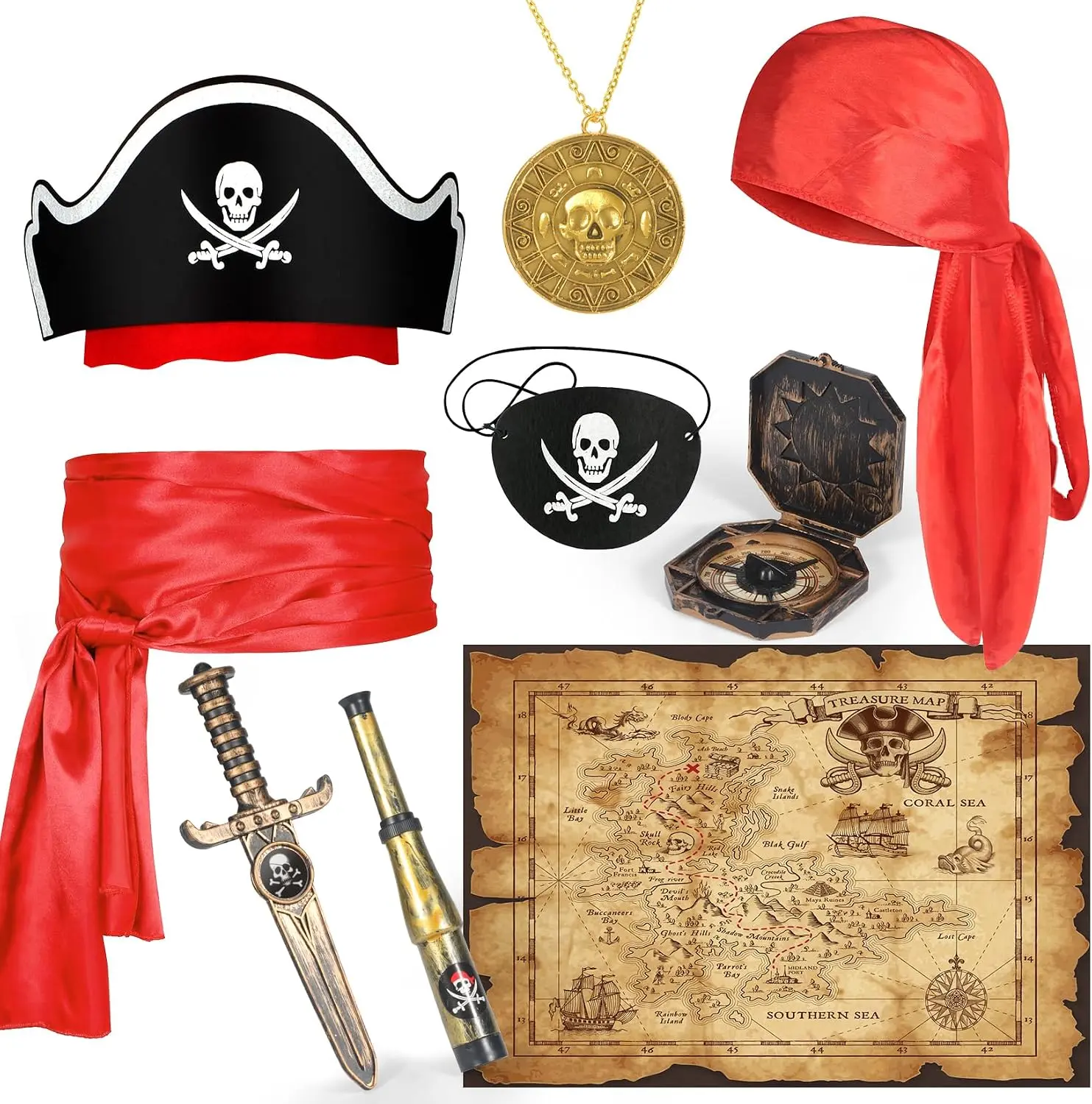 9 PCS Kids Pirate Costume Kit with Skull Print - Halloween Party Favors for Adventure Play & Halloween Fun, Pirate Look Accessories: Hat, Head Scarf, Sash, Belt, Eye Patch, Sword, Map, Necklace