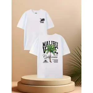 Men's Malibu California Graphic T-Shirt, 100% Cotton, Double-Sided Print, Round Neck, Short Sleeve, Loose Fit, Stretch Knit Fabric, Ideal for Casual & Active Wear, Gym, Running, TrainingMen's T-shirts  men gifts