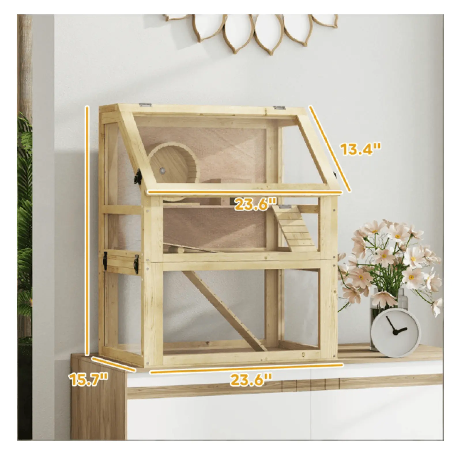 3-Layer Natural Wood Hamster Cage Habitat - 23.6" w x 15.7" d x 29.5" h Spacious Small Animal Enclosure with Acrylic Panels, Buckle Closures, Included Hut & Toys, Easy Clean, Mental Stimulation for Hamsters, Gerbils, Three-Layer