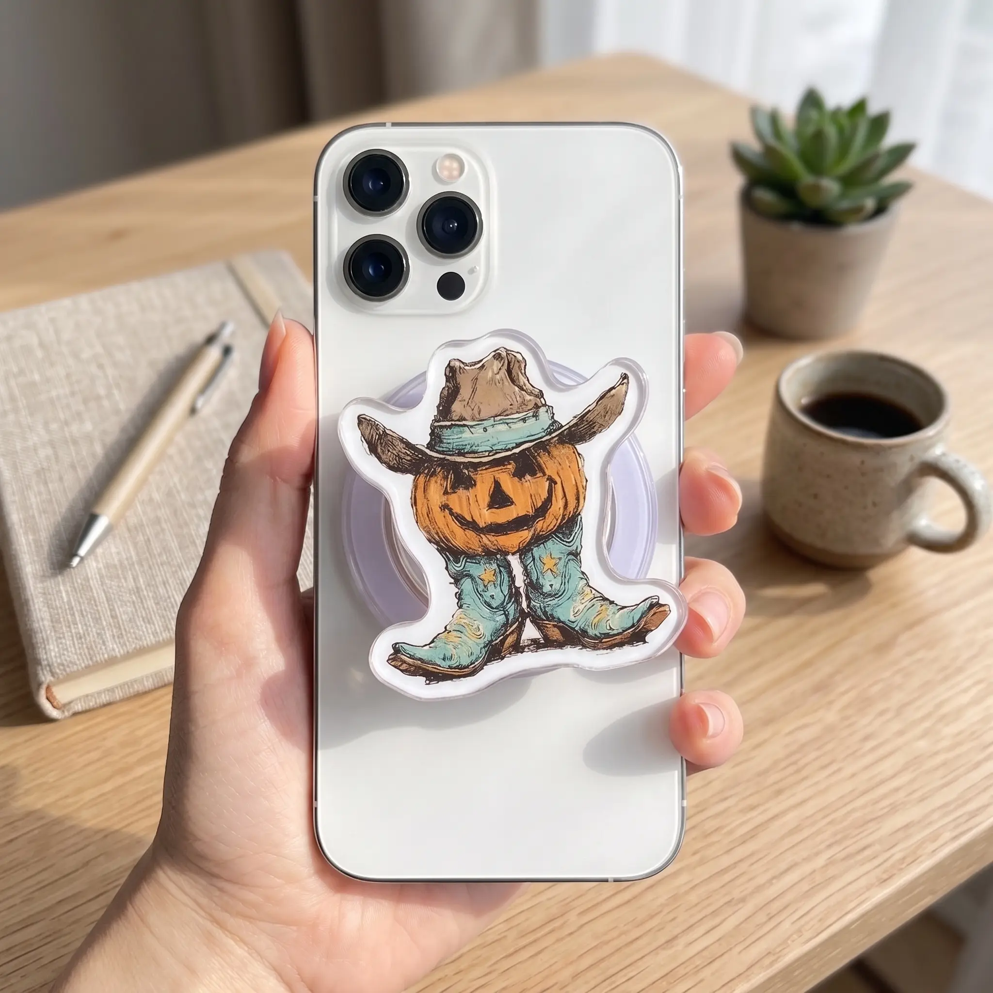 Cowboy Pumpkin Magnetic Phone Grip & Kindle Grip, Western Halloween Phone Holder Stand, Vintage Fall Kindle Grip, Spooky Cowgirl Gift