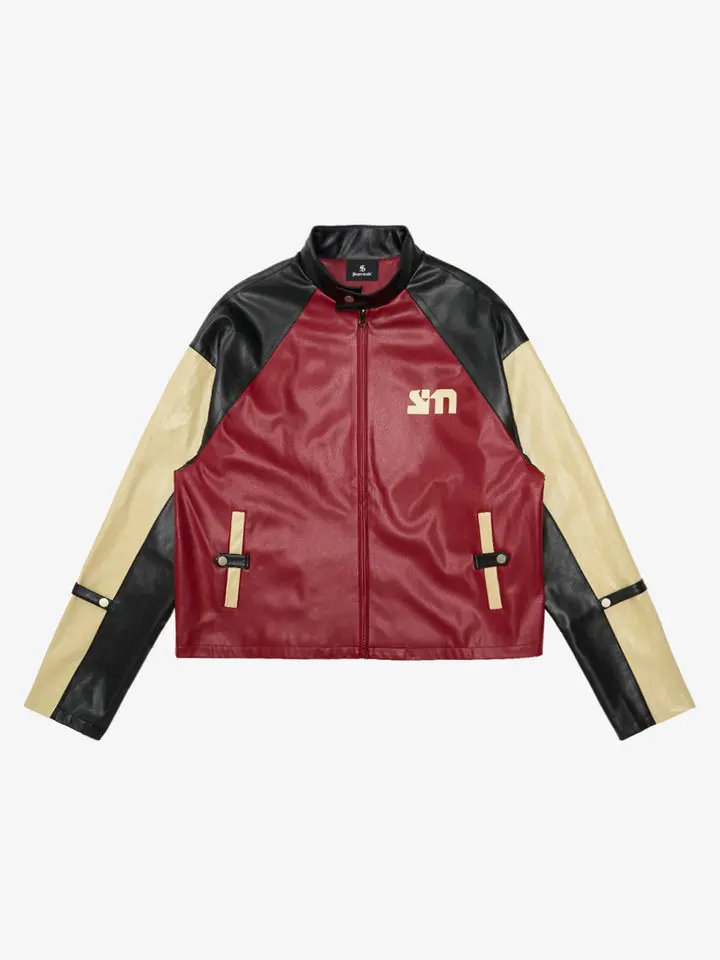 Original Contrast Color Leather Jacket - 2565
