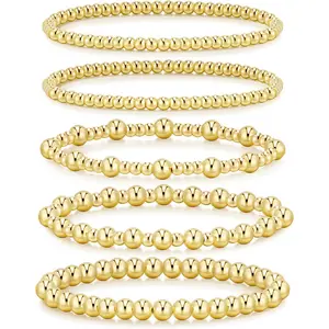 Gold Bracelets for Women Waterproof, 14K Gold Plated Beaded Strand Bead Ball Bracelets stack Adjustable Jewelry Set for Gifts