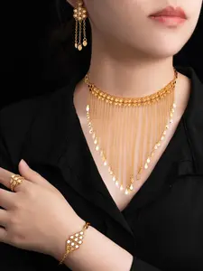 Elegant 5-Piece Wedding Party Jewelry Set, 22K Gold-Plated Copper Materials, Starry Design V-Shaped Tassel Necklace Gift Set