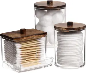 Bracket bathroom container, 10/7-ounce cotton ball/swab dispenser, medication tank storage box for storing brown wooden lid