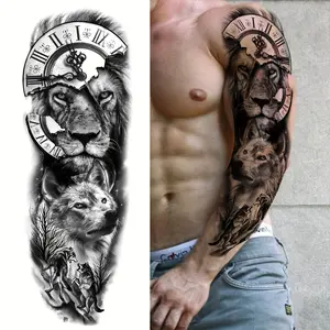 Lion and Clock Full Arm Temporary Tattoo Sticker-Waterproof and Durable, Suitable for Men and Women, Realistic Tribal Wolf Pattern