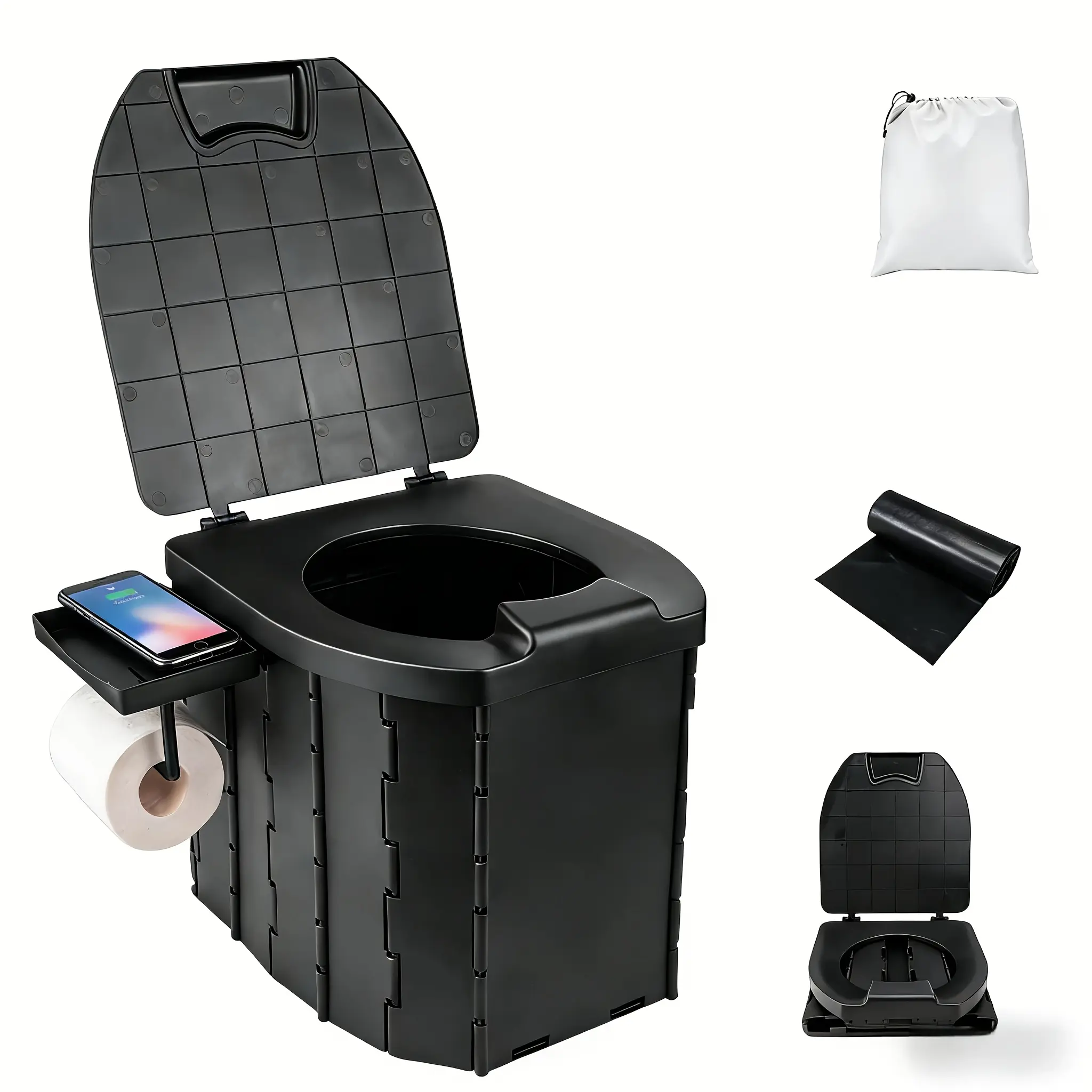 Foldable Camping Toilet - Hygienic Portable Bathroom Supply, Camper RV Accessory with Leak-Proof Bags, Odorless & Ergonomic Design for Road Trips