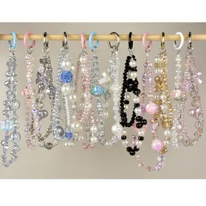 2 Pcs random style Crystal Bead Phone Lanyard with Wrist Bracelet & Portable Case - Sparkling Iridescent Beads, Secure Phone Attachment, Hands-Free Design for Women, Universal Fit for Smartphones