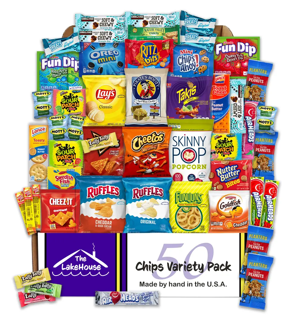 The LakeHouse Chips Variety Pack 50 Count Care Package - 50 High Quality Snacks - Chips, Candy, & Salty Snacks - Perfect Care Package for College Students, Kids, Classrooms, Adults, or Office