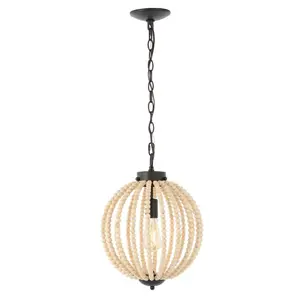 JONATHAN Y Abril Rustic Bohemian Iron/Wood Bead LED Pendant; for Living Room, Bedroom, Kitchen, Office