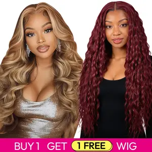 Buy 1 Get 1 Free Lace Front Wig | 180% Density, Transparent Lace, #99J Ocean Wave & #P4/27 Body Wave, Blended Human Hair