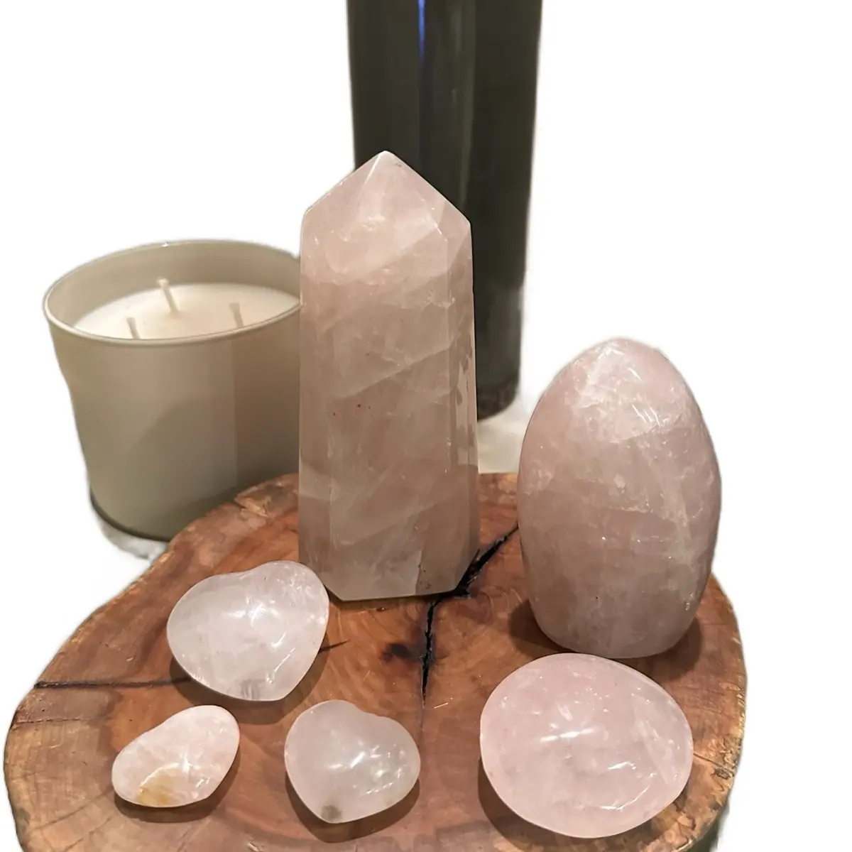 Rose Quartz Set with Wood Stand - Heart Chakra Stone for Universal Love