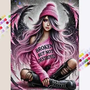 1 set of DIY diamond painting kit, 5D diamond art kit, DIY decoration angel wings, pink gear, long hair. Mosaic, diamond art, DIY art home decoration.