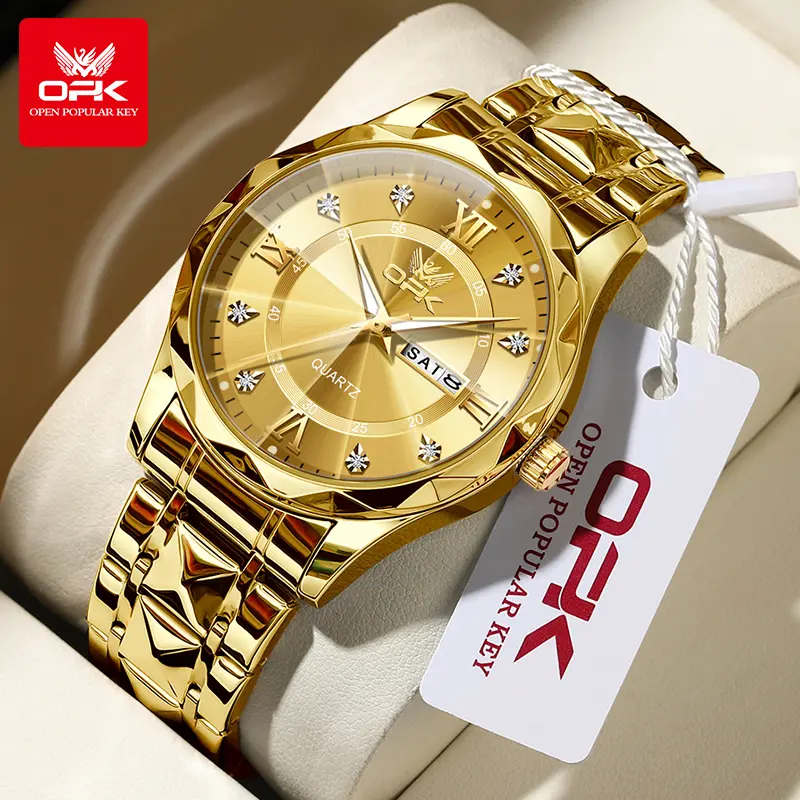OPK Gold Men's Casual All-Metal Elegant Self-Luminous Water-Resistant Quartz Watch, Black Stainless Steel, Luminous Calendar, Waterproof, Model 6023, Casual Quartz Watch, All-Metal Quartz Watches