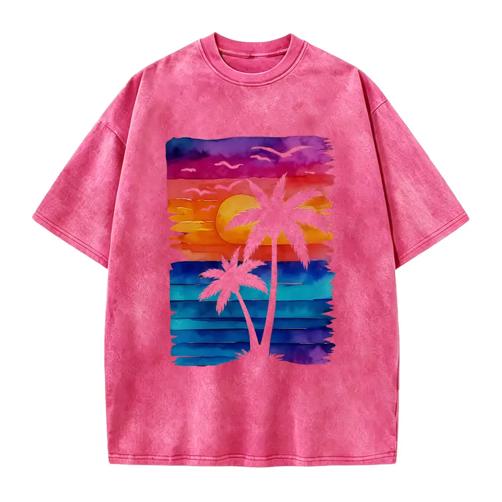 Retro Beach Sunset Tee, Palm Tree Vacation Shirt, Colorful Watercolor Summer Graphic Tee