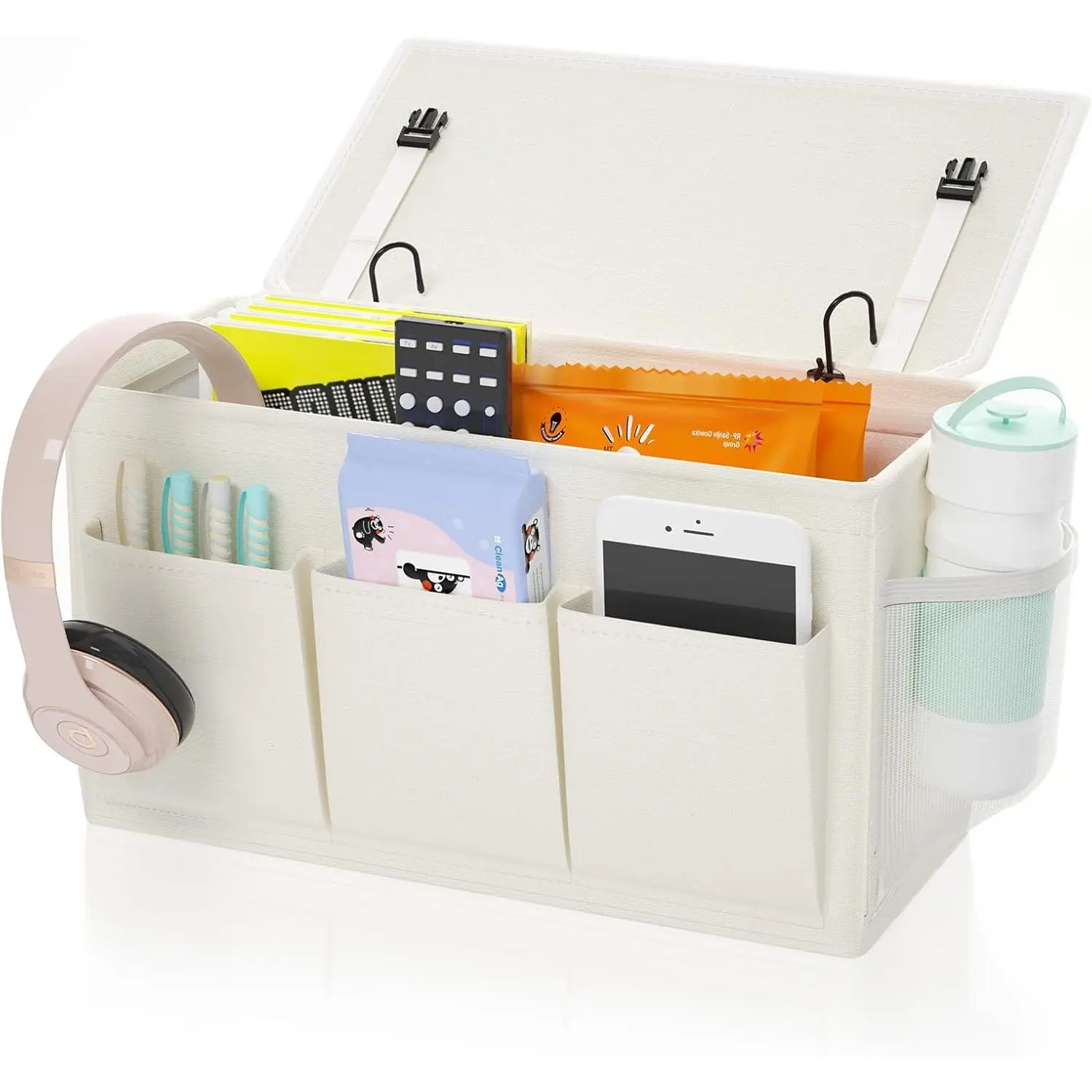 X-SBB37 Dual-purpose Bedside Caddy Bedside Organizer, Bed Caddy with 6 Pockets, Versatile Bedside Storage Solution Magazine Remotes holder, ideal for Home, Dorm, Hospital, Crib Bed (White)