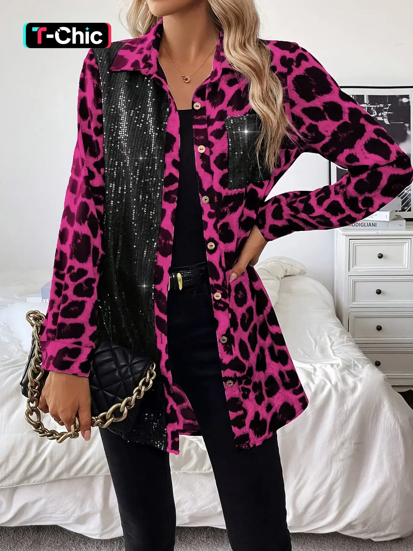 Leopard Print Sequin Patchwork Shirt, Street Style Blouse, Casual Top, Casual Button Collared, Button Front Collar, Loose Fit, Long Sleeve, Perfect for Parties/daily Wear, Womenswear