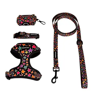 Duck & Luca 4-Piece Pet Bundle - Funky Stars Design for Dogs - Includes Harness, Leash, Collar, and Poop Bag