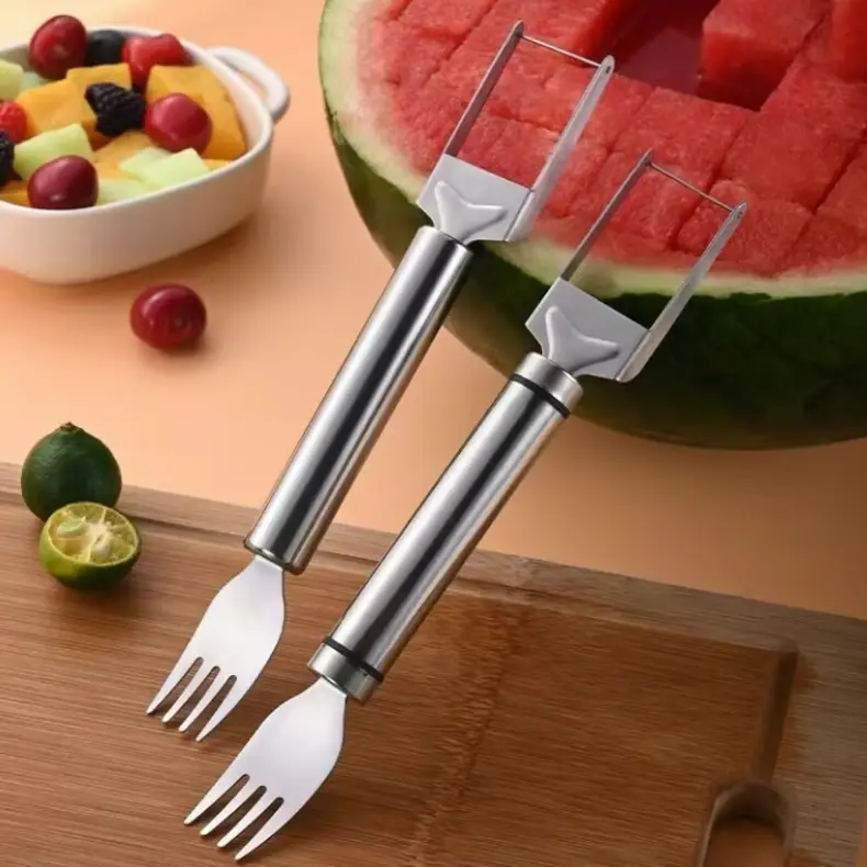 【2 Pack】Watermelon Fork Slicer Cutter Slicer Tool, 2-in-1 Stainless Steel Fruit Cutter, Dual Head Fruit Forks Slicer Knife with Round Handle,Fruit Cut