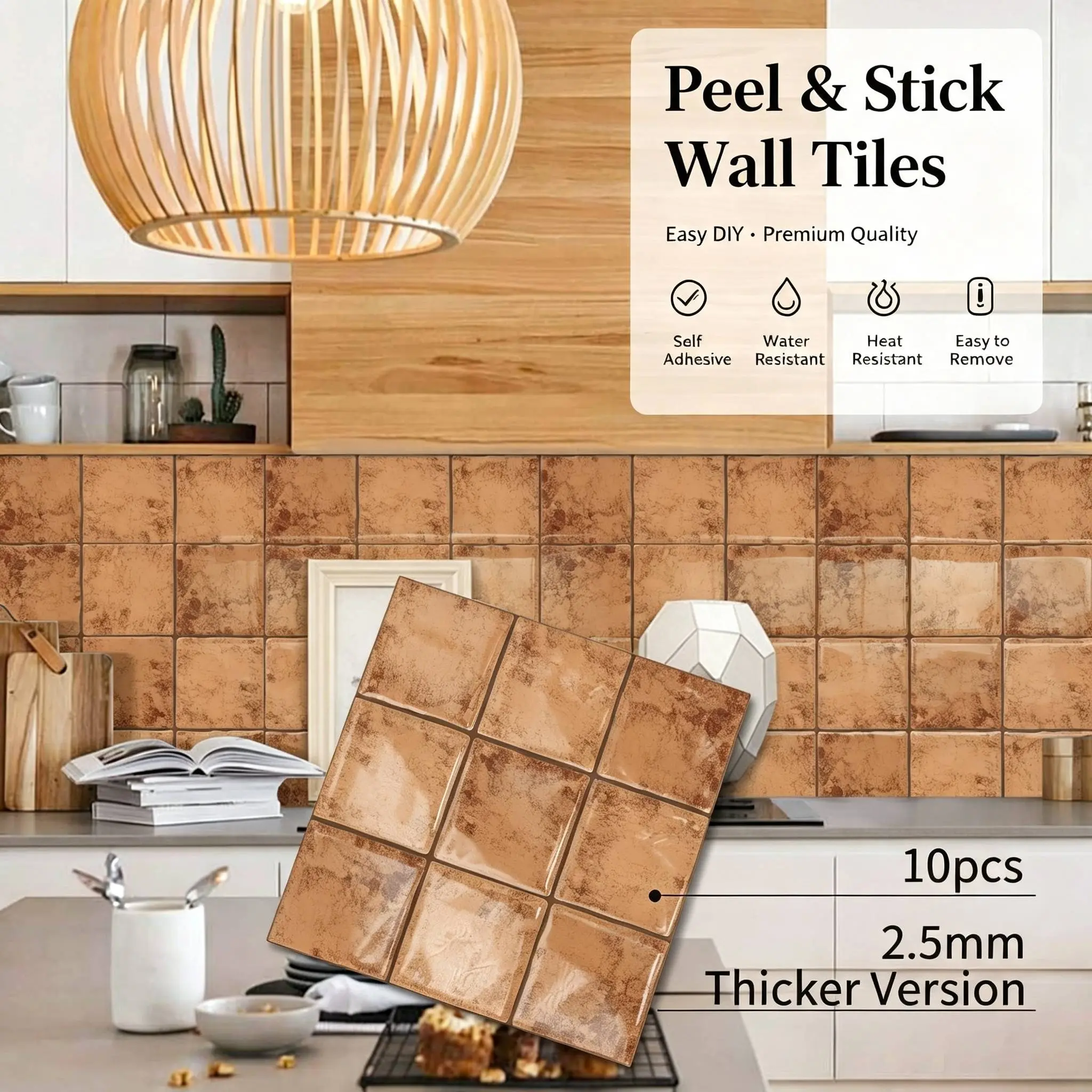MOONFUN 10 Sheets 2.5mm Thick 12"x12" 3D Peel-and-Stick Vinyl Backsplash Tiles, Waterproof Heat-Resistant Self-Adhesive Square Mosaic Wall Tiles for Kitchen, Bathroom, Home Decor (Orange Farmhouse Rustic)