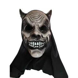 2025 Halloween Horned Devil Mask with  black hood covering for Spooky Cosplay and Party Scenes - Perfect for   Halloween Costume  House Party Essential The Terrifying Atmosphere Is At Its Peak Accessory Zxmask-006-Gery scene accessories