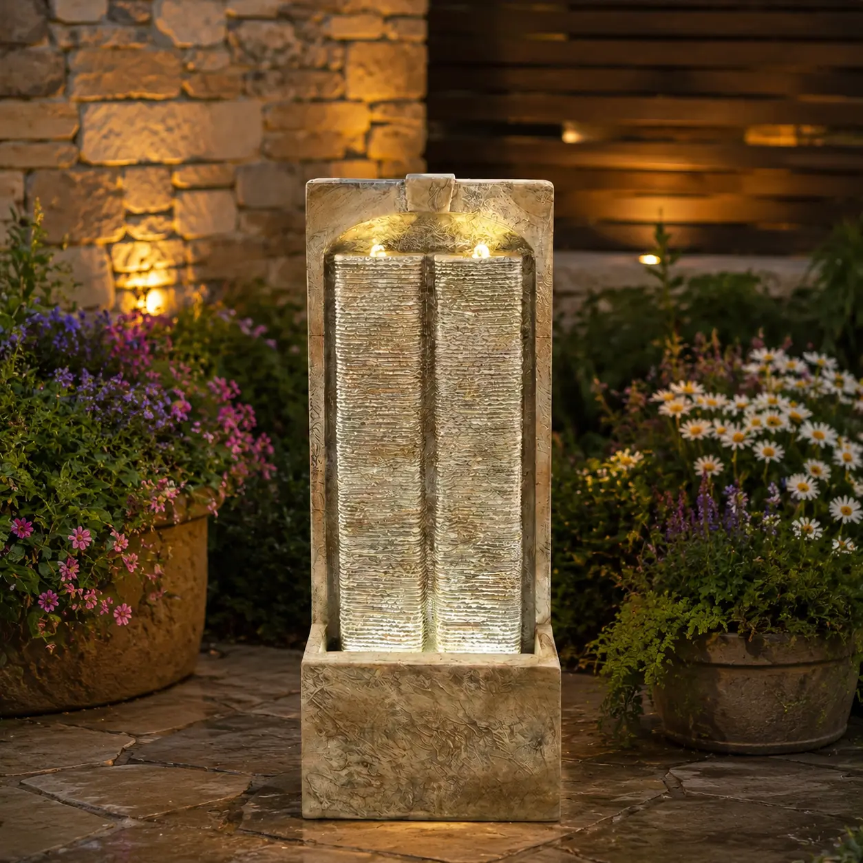 littleox 39 Inch Outdoor Water Fountain with Pump, Modern Cascading Freestanding Wall Fountain, Weather-Resistant Garden Water Feature with Warm White LED Lights, Outdoor Waterfall Fountain for Patio Porch Law